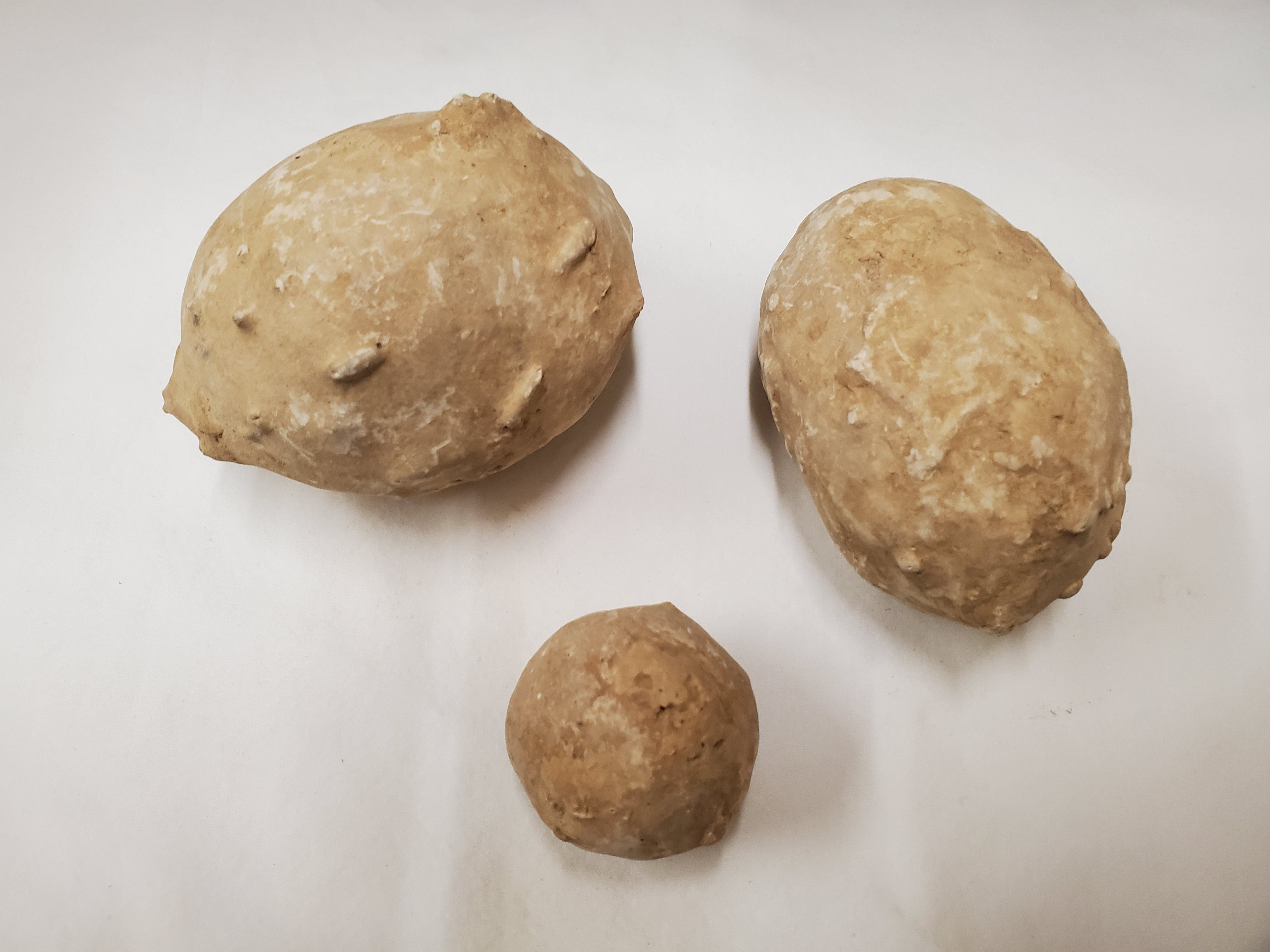 Three loess puppets, also known as calcium carbonate nodules on a white background 